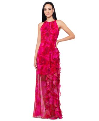 Betsy & Adam - Women's Printed Ruffled Halter Gown