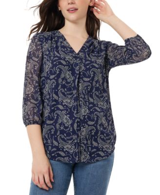 Jones New York - Women's Kelly Printed Sheer-Sleeve Pleated Blouse