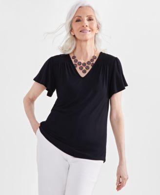 Style & Co - Women's Solid Smocked Flutter-Sleeve V-Neck Knit Top