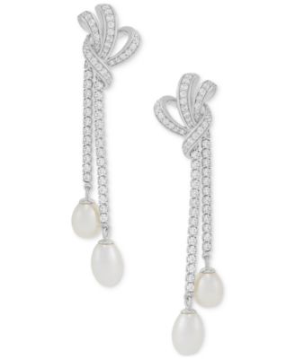 Arabella - Freshwater Pearl (8x6mm & 7x5mm) Cubic Zirconia Knotted Drop Earrings in Sterling Silver
