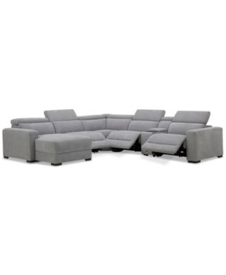 Furniture - Nevio 6-Pc. Fabric Power Headrest Sectional with Chaise & Console and 3 Power Motion Chairs