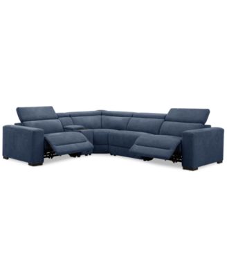 Furniture - Nevio 5-Pc. Fabric Power Headrest L-Shape Sectional and Console with 2 Power Motion Chairs