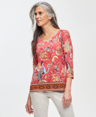 JM Collection - Petite Peacock-Print Scoop-Neck Top