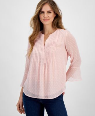 Style & Co - Women's Swiss-Dot Pleated Split-Neck Top
