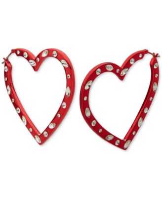 KARL LAGERFELD PARIS - Gold-Tone Mixed Cut Stone Red Resin Heart Medium Hoop Earrings, 1.85"