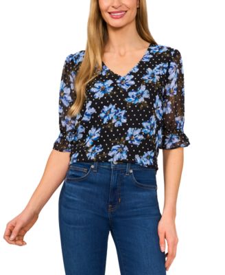 CeCe - Women's Floral Elbow-Sleeve Ruffle V-Neck Blouse