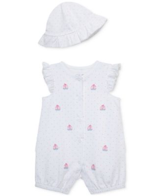 Little Me - Baby Girls Sailboats Cotton Romper & Hat, 2 Piece Set