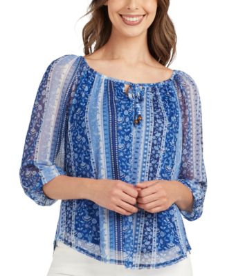 BCX - Juniors' Striped-Print Tie-Neck Mesh Top