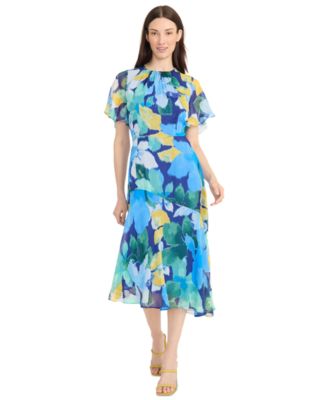 Maggy London - Women's Flutter-Sleeve Floral-Print Asymmetrical Dress