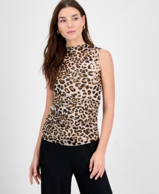 Bar III - Women's Animal-Print Mesh Draped-Neck Top