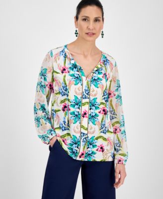JM Collection - Women's Bali Escape Tie-Neck Long-Sleeve Blouse