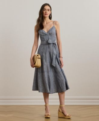 Lauren Ralph Lauren - Women's Striped Belted Linen Sleeveless Dress