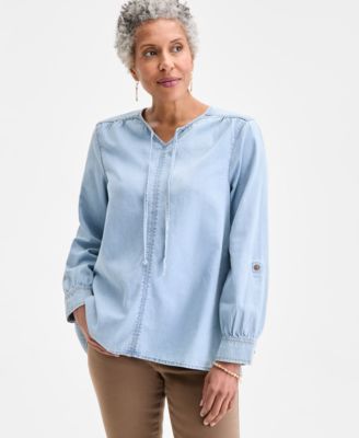 Style & Co - Women's Cotton Denim Split-Neck Popover Top