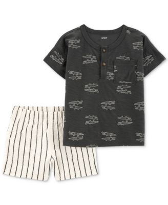 Carter's - Baby Boys Alligator-Print Henley T-Shirt & Striped Pull-On Shorts, 2 Piece Set