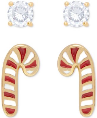 Macy's - 2-Pc. Set Lab-grown White Sapphire (1/3 ct. t.w.) & Enamel Candy Cane Stud Earrings in 14k Gold-Plated Sterling Silver