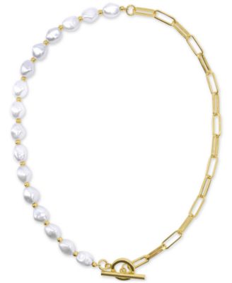 ADORNIA - 14k Gold-Plated Imitation Pearl & Paperclip Chain 17" Toggle Necklace