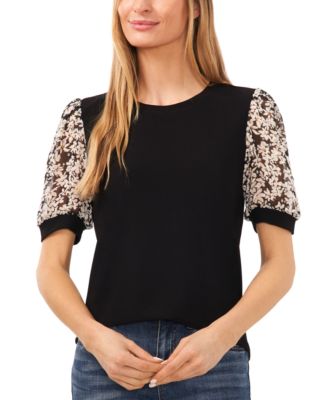 CeCe - Women's Daisy Mixed-Media Short-Sleeve Top