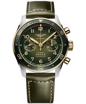 Longines - Men's Swiss Automatic Chronograph Spirit Flyback Green Leather Strap Watch 42mm