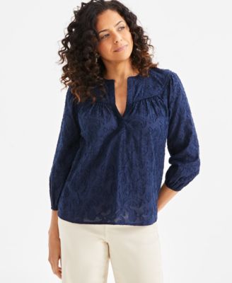Style & Co - Women's Textured Cotton Split-Neck Shirt, Exclusively at Macy's