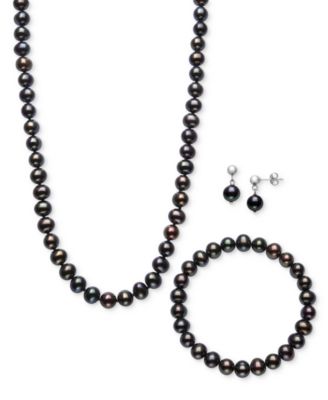 Macy's - 3-Pc. Set Dyed Peacock Black Cultured Freshwater Baroque Pearl (6-7mm) Necklace, Bracelet & Drop Earrings in Sterling Silver