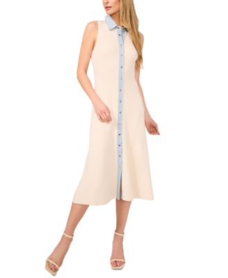 CeCe - Women's Denim-Placket Sleeveless Rib-Knit Dress
