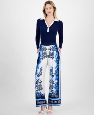 T Tahari - Women's Printed High-Rise Wide-Leg Pants