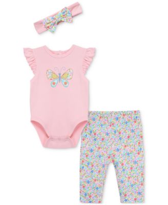 Little Me - Baby Girls Cotton Butterfly Bodysuit, Leggings & Headband, 3 Piece Set