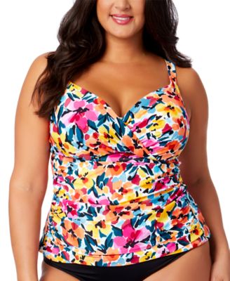 Anne Cole - Plus Size Floral-Print Surplice Underwire Tankini Top