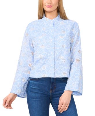 CeCe - Women's Floral-Embroidered Wide-Sleeve Shirt