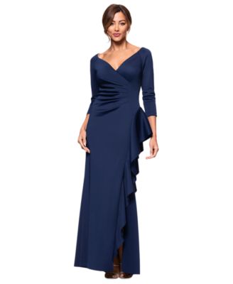 XSCAPE - Women's V-Neck Ruffled Side-Slit Scuba Gown