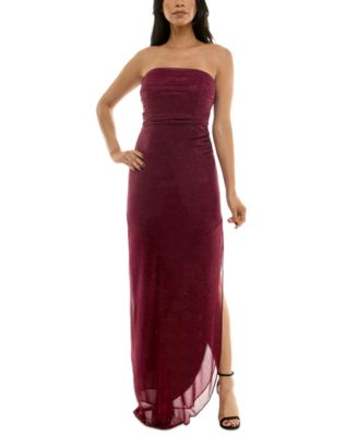Emerald Sundae - Juniors' Glitter Mesh Asymmetric Strapless Gown