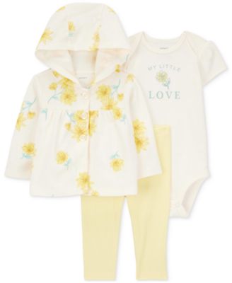Carter's - Baby Girls Cotton Floral Hooded Cardigan, Bodysuit & Pants, 3 Piece Set