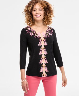 JM Collection - Women's Printed Jacquard 3/4-Sleeve Top, Exclusively at Macy's