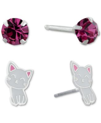 Giani Bernini - 2-Pc. Set Crystal Solitaire & Enamel Kitten Stud Earrings in Sterling Silver
