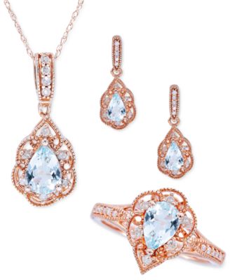 Macy's - 3-Pc. Set Aquamarine (1-5/8 ct. t.w.) & Diamond (3/10 ct. t.w.) Ring, Pendant Necklace & Stud Earrings in 14k Rose Gold