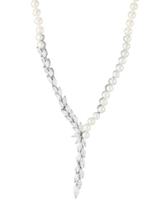 Arabella - Cultured Freshwater Button Pearl (4 - 9-1/2mm) & Cubic Zirconia 17" Lariat Necklace in Sterling Silver