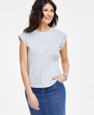 I.N.C. International Concepts - Petite Dew Drop Cotton Roll-Sleeve Tee