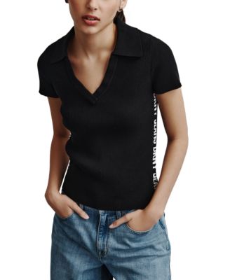 DKNY Jeans - Women's V-Neck Side-Logo Rib-Knit Short Sleeve Polo Top