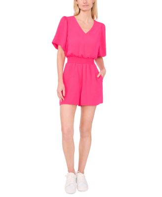 CeCe - Women's Flutter-Sleeve V-Neck Smocked Romper