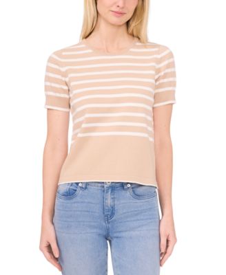 CeCe - Women's Cotton Short-Sleeve Striped Crewneck Sweater