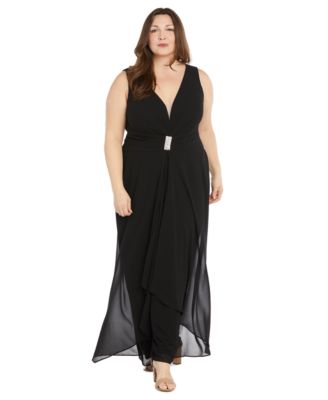 R & M Richards - Plus Size Plunge-Neck Chiffon Jumpsuit