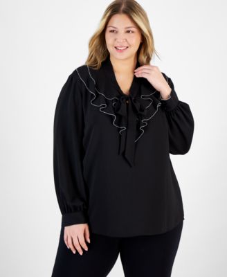 Kasper - Plus Size Beaded Ruffle-Neck Long-Sleeve Blouse