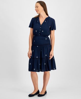 Style & Co - Petite V-Neck Lace-Trim-Tier A-Line Dress