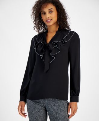 Kasper - Women's Embellished Ruffled Tie-Neck Blouse