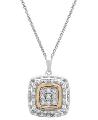 Macy's - Diamond Square Halo Cluster 18" Pendant Necklace (1/4 ct. t.w.) in Sterling Silver & Gold-Plate, Exclusively at
