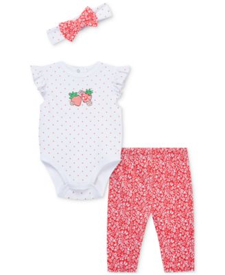 Little Me - Baby Girls Cotton Strawberry Bodysuit, Leggings & Headband, 3 Piece Set