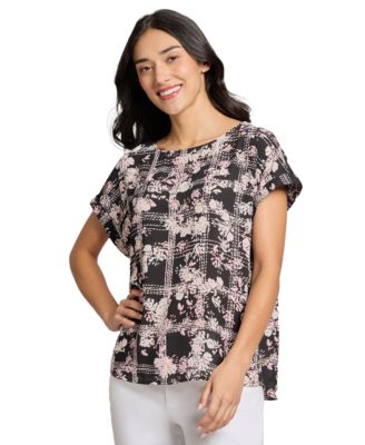 Jones New York - Women's Printed Side-Button Short-Sleeve Top