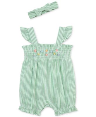 Little Me - Baby Girls Cotton Striped Floral Bubble Romper & Headband, 2 Piece Set