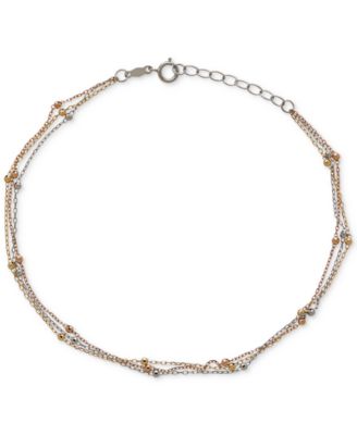 Macy's - Tri-Tone Beaded Anklet in 14k White, Yellow and Rose Gold