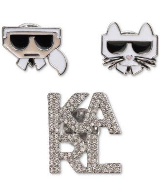 KARL LAGERFELD PARIS - Silver-Tone 3-Pc. Set Pav&eacute; Logo & Choupette Pins